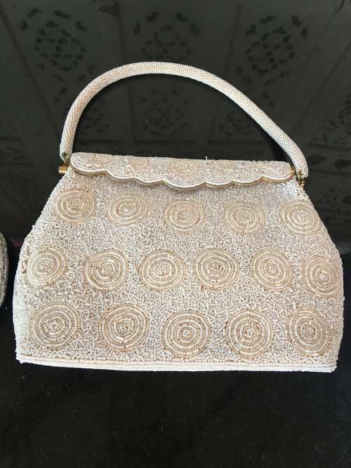 2 Vintage bags, Beaded Brass Spring Catch Close Bag with beaded strap & Silver material bag.