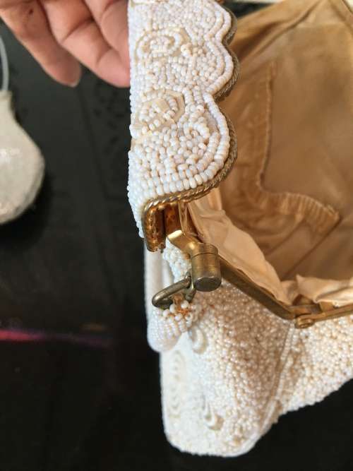 2 Vintage bags, Beaded Brass Spring Catch Close Bag with beaded strap & Silver material bag.