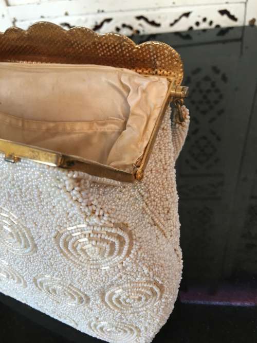2 Vintage bags, Beaded Brass Spring Catch Close Bag with beaded strap & Silver material bag.
