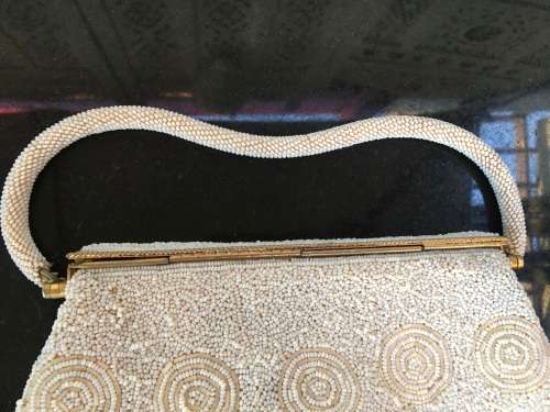 2 Vintage bags, Beaded Brass Spring Catch Close Bag with beaded strap & Silver material bag.