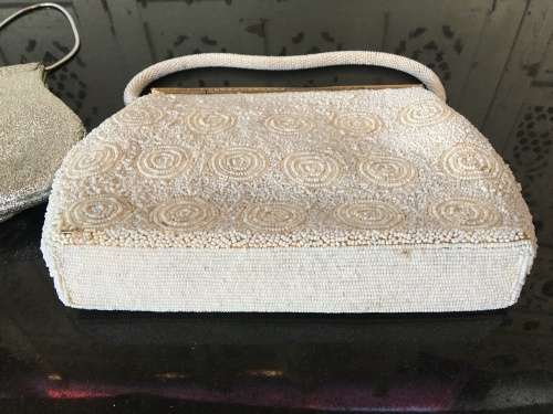2 Vintage bags, Beaded Brass Spring Catch Close Bag with beaded strap & Silver material bag.
