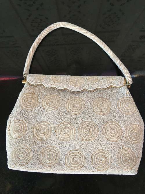 2 Vintage bags, Beaded Brass Spring Catch Close Bag with beaded strap & Silver material bag.