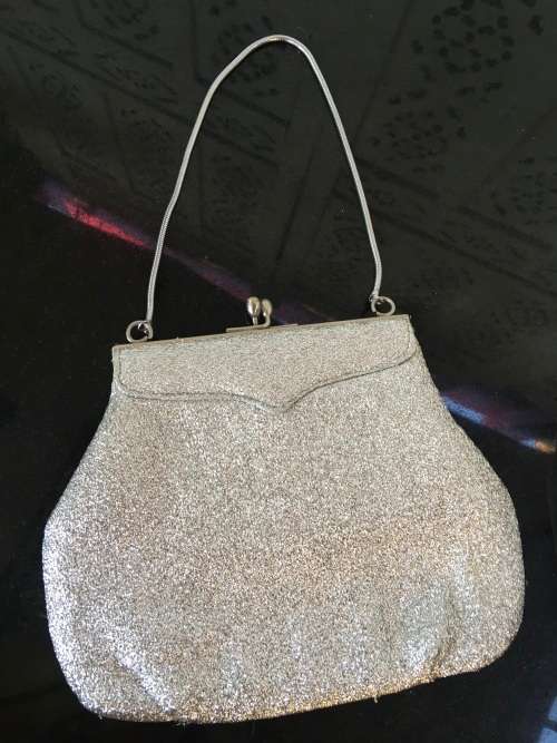 2 Vintage bags, Beaded Brass Spring Catch Close Bag with beaded strap & Silver material bag.