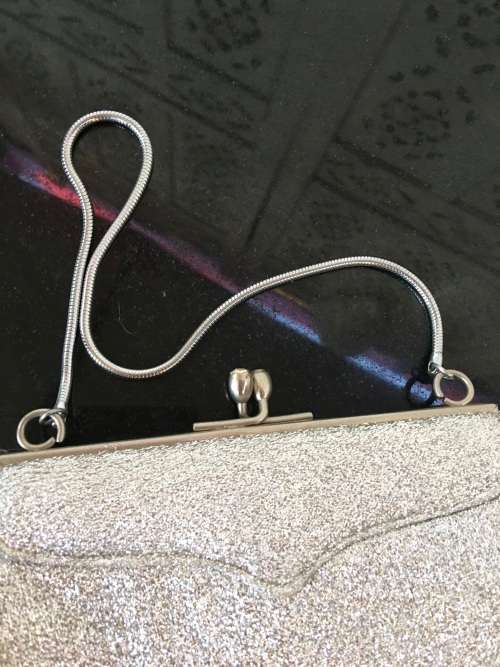 2 Vintage bags, Beaded Brass Spring Catch Close Bag with beaded strap & Silver material bag.