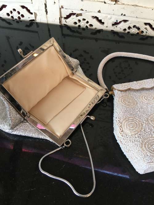 2 Vintage bags, Beaded Brass Spring Catch Close Bag with beaded strap & Silver material bag.