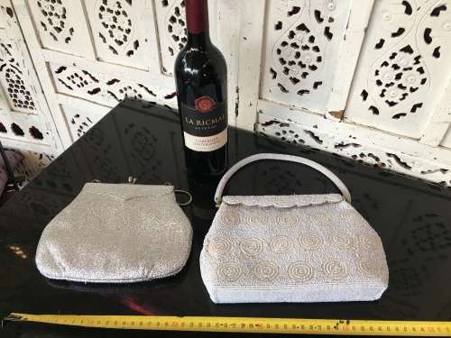 2 Vintage bags, Beaded Brass Spring Catch Close Bag with beaded strap & Silver material bag.