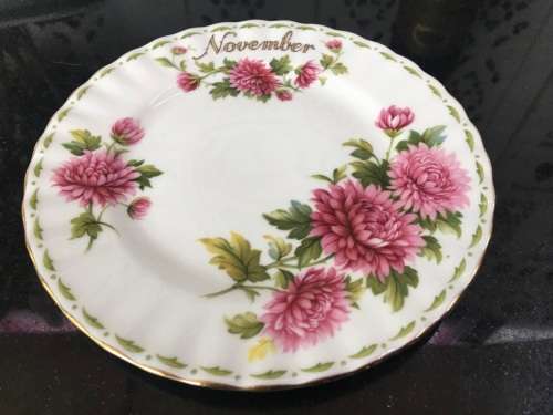 November Chrysanthemium Flowers of the Month, 16.5 cm Cake Plate  by Royal Albert Bone  Porcelain