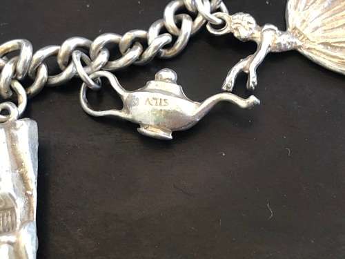 STUNNING CHUNKY STERLING SILVER CHARM BRACELET - WITH 10 CHARMS - CLEARLY MARKED - 52.31g