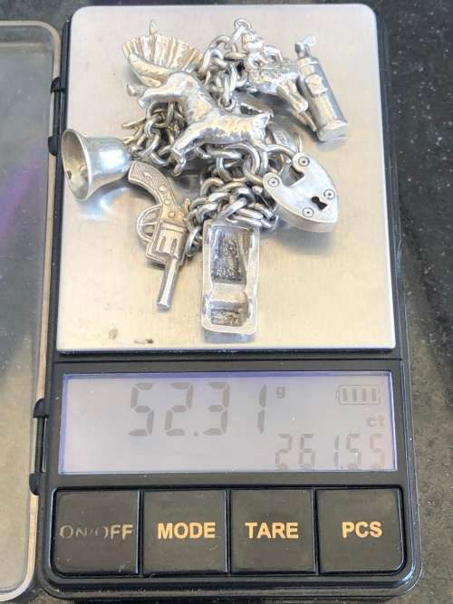 STUNNING CHUNKY STERLING SILVER CHARM BRACELET - WITH 10 CHARMS - CLEARLY MARKED - 52.31g