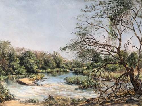 RARE !!! MICHAEL CROESÉR (SA 1919 - ) HUGE FRAMED OIL ON BOARD TITLED "DOWN BY THE RIVER" DATED 1969