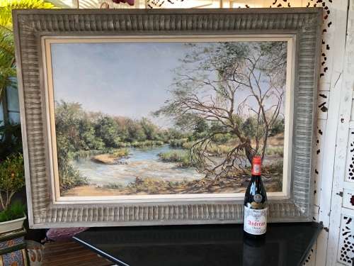 RARE !!! MICHAEL CROESÉR (SA 1919 - ) HUGE FRAMED OIL ON BOARD TITLED "DOWN BY THE RIVER" DATED 1969