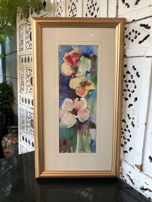 STUNNING FRAMED WATERCOLOR STILL LIFE OF FLOWERS "COSMOS" BY MAGGIE #1