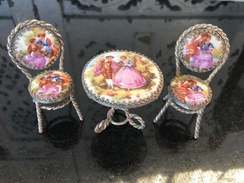Wow!! Rare Genuine Silver & French Fragonard Limoges Porcelain Miniature table and Chairs - 77.11g
