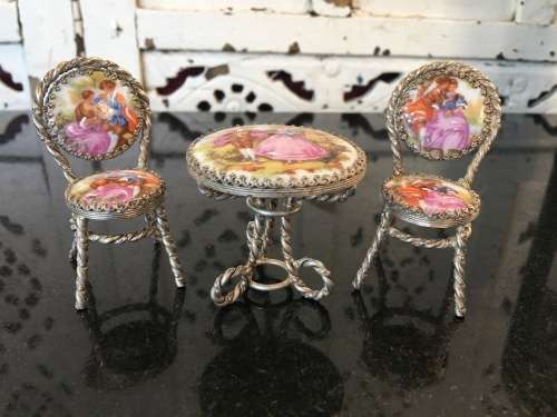 Wow!! Rare Genuine Silver & French Fragonard Limoges Porcelain Miniature table and Chairs - 77.11g