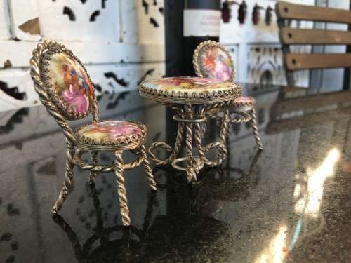 Wow!! Rare Genuine Silver & French Fragonard Limoges Porcelain Miniature table and Chairs - 77.11g