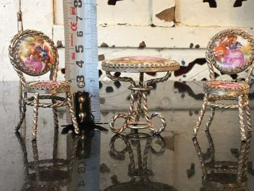 Wow!! Rare Genuine Silver & French Fragonard Limoges Porcelain Miniature table and Chairs - 77.11g
