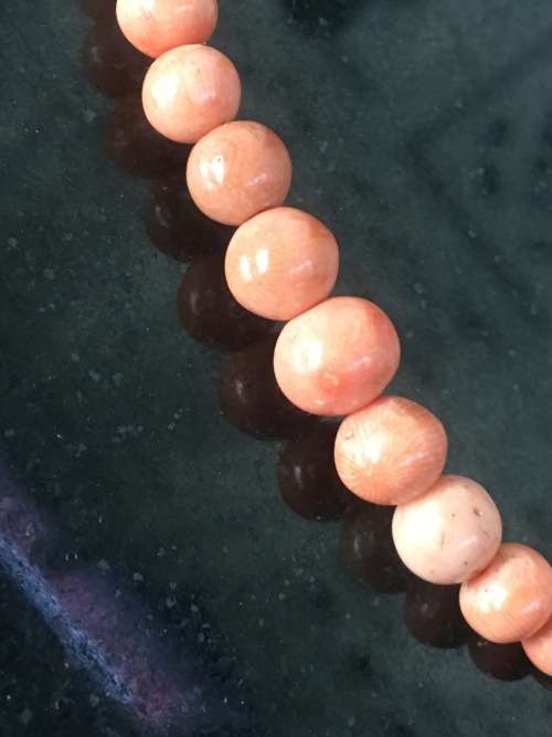 Genuine Natural Antique Salmon Coral Beaded Necklace with gold clip in clasp.