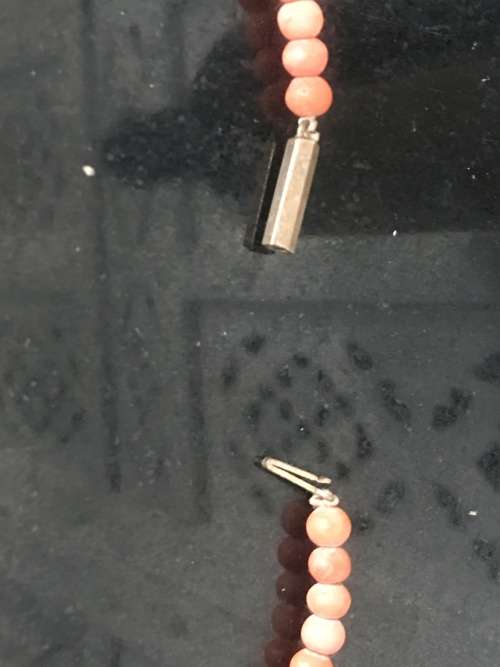 Genuine Natural Antique Salmon Coral Beaded Necklace with gold clip in clasp.