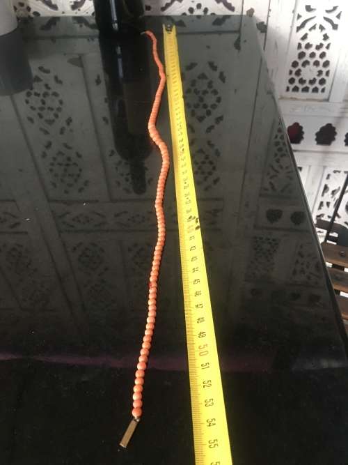 Genuine Natural Antique Salmon Coral Beaded Necklace with gold clip in clasp.