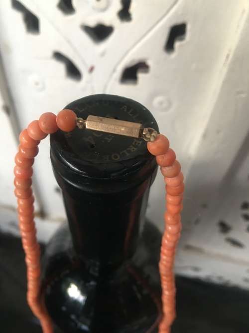 Genuine Natural Antique Salmon Coral Beaded Necklace with gold clip in clasp.