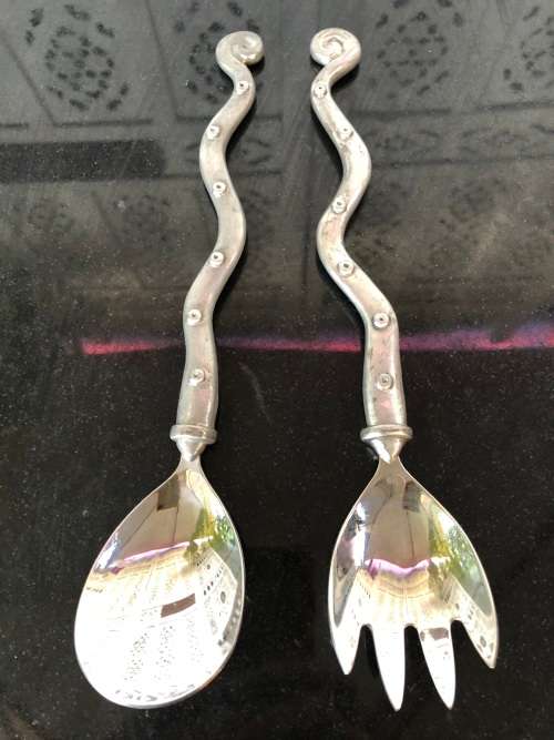 WOW !!! VINTAGE CARROL BOYES PEWTER SALAD SERVERS - SPOTTED WAVE PATTERN - CLEARLY MARKED