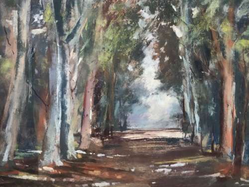 HEIDI BEYERS (SA 1955 - ) STUNNING PASTEL PAINTING - PATH THROUGH THE BLUEGUM TREE'S - FRAMED