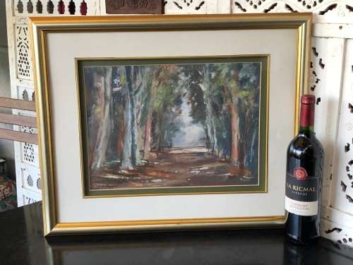 HEIDI BEYERS (SA 1955 - ) STUNNING PASTEL PAINTING - PATH THROUGH THE BLUEGUM TREE'S - FRAMED