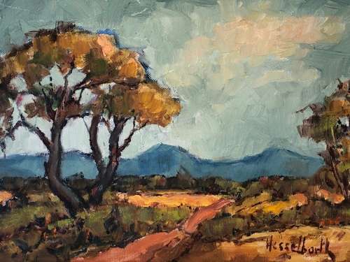 INVESTMENT ART !!! BERNARD FRANZ HESSELBARTH (SA 1903 - 1991) FRAMED LANDSCAPE OIL ON CANVAS BOARD