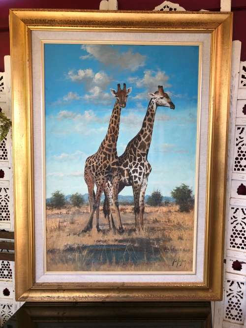 INVESTEMENT ART !!! NICO COETZEE (SA 20th CENTURY) GORGEOUS FRAMED OIL ON BOARD - GIRAFFE