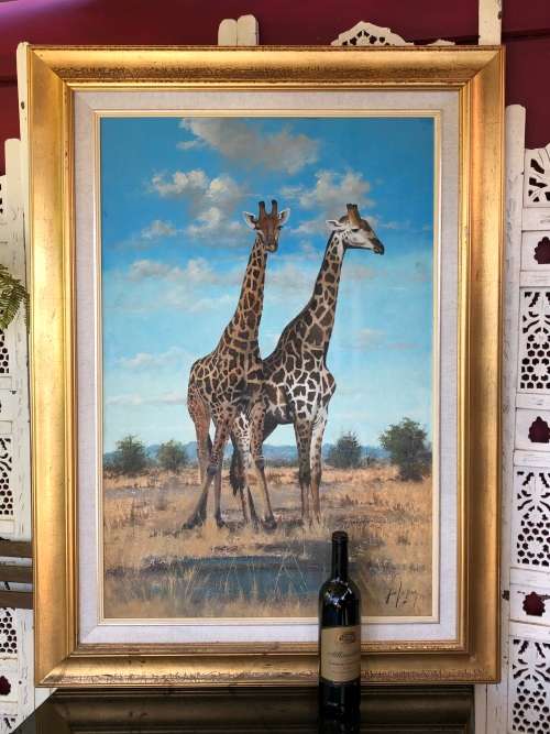 INVESTEMENT ART !!! NICO COETZEE (SA 20th CENTURY) GORGEOUS FRAMED OIL ON BOARD - GIRAFFE