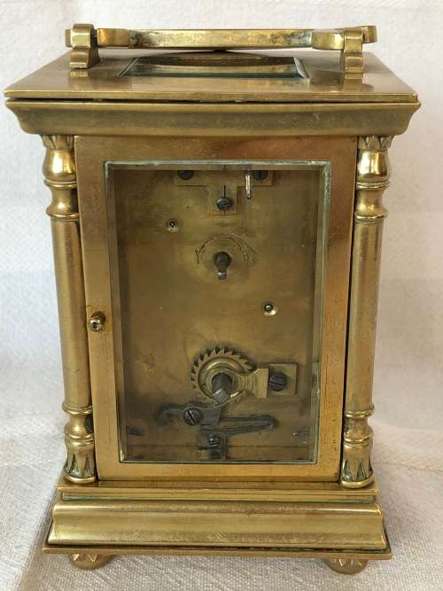 BRASS FRENCH CARRIAGE CLOCK WITH A BEAUTIFUL ENGRAVED FACE- SELLING AS IS - NO KEY AND NOT WORKING
