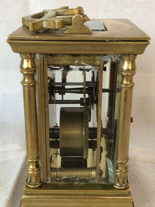 BRASS FRENCH CARRIAGE CLOCK WITH A BEAUTIFUL ENGRAVED FACE- SELLING AS IS - NO KEY AND NOT WORKING