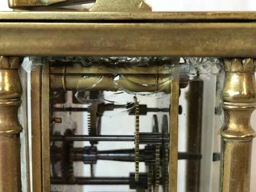 BRASS FRENCH CARRIAGE CLOCK WITH A BEAUTIFUL ENGRAVED FACE- SELLING AS IS - NO KEY AND NOT WORKING