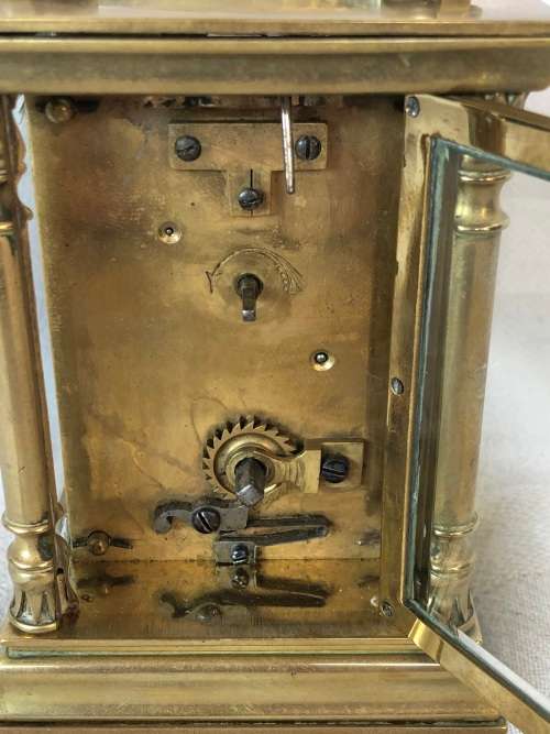 BRASS FRENCH CARRIAGE CLOCK WITH A BEAUTIFUL ENGRAVED FACE- SELLING AS IS - NO KEY AND NOT WORKING