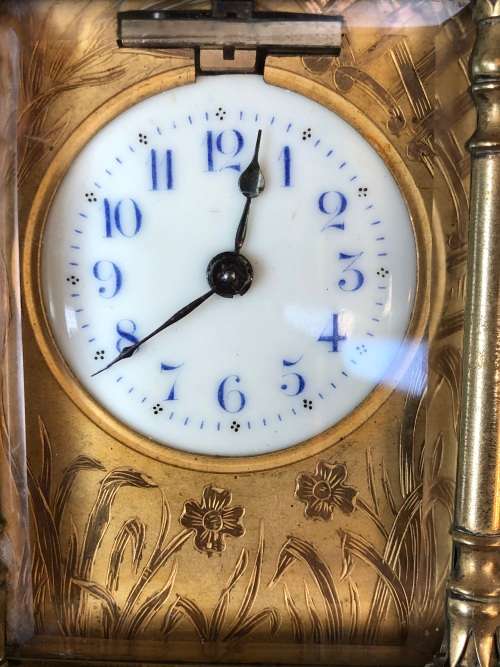 BRASS FRENCH CARRIAGE CLOCK WITH A BEAUTIFUL ENGRAVED FACE- SELLING AS IS - NO KEY AND NOT WORKING