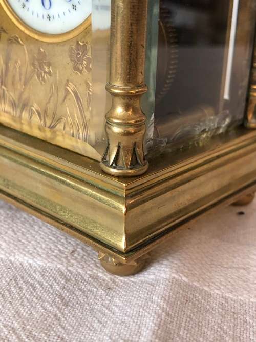 BRASS FRENCH CARRIAGE CLOCK WITH A BEAUTIFUL ENGRAVED FACE- SELLING AS IS - NO KEY AND NOT WORKING