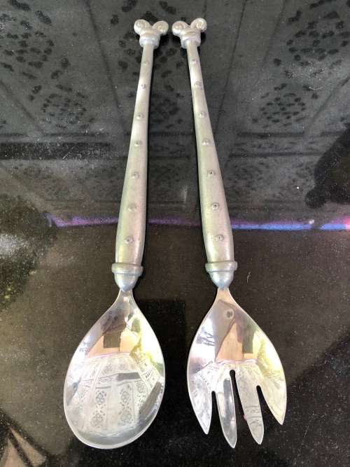 WOW !!! VINTAGE CARROL BOYES PEWTER SALAD SERVERS - SPOTTED ARIES PATTERN - CLEARLY MARKED