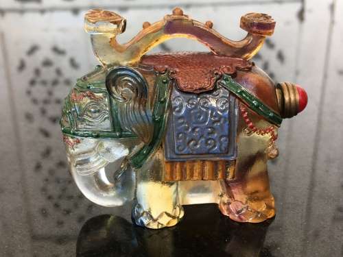 Antique Chinese Painted Peking Glass Elephant Snuff Bottle with Coral Capped Lidded Spoon.