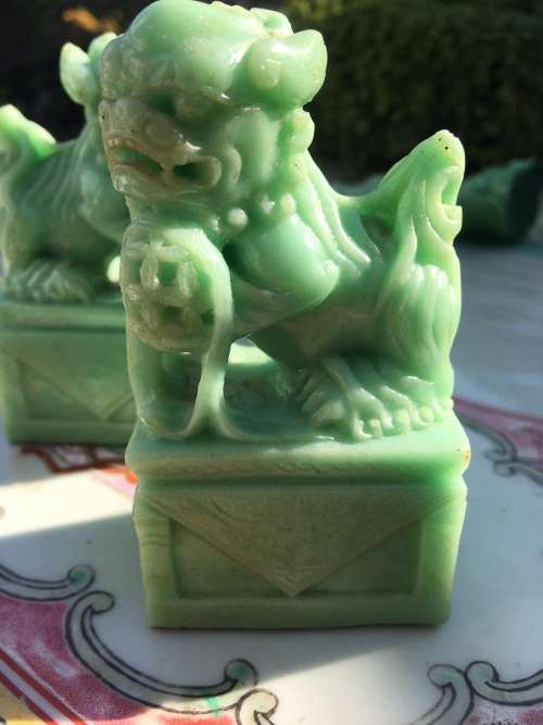 A Set of  Vintage Chinese Carved Jade Polymer Foo Lions