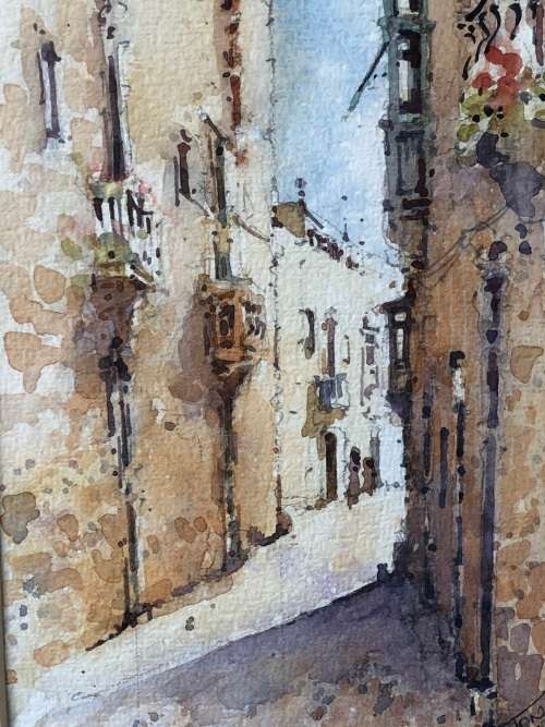 STUNNING FRAMED WATERCOLOR PAINTING BY MALTESE ARTIST WINSTON - STREET IN VALLETTA