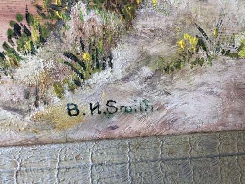 WOW !! FANTASTIC FRAMED OIL ON PLYWOOD PANEL LANDSCAPE PAINTING BY B.H. SMITH - LARGE VINTAGE FRAME