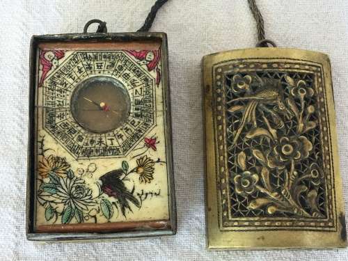 Ancient Chinese Bone/Ivorine Sundial,Compass & Zodiac in Ornate Bronze Case.