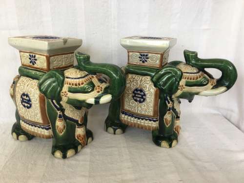 A Set Of Chinese Republican Period Shiwan Hand Crafted Pottery & Green Base Painted Elephant Stands