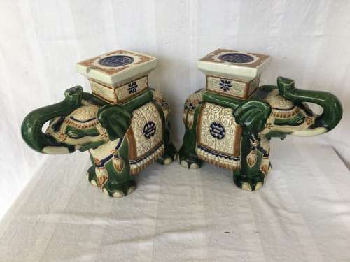 A Set Of Chinese Republican Period Shiwan Hand Crafted Pottery & Green Base Painted Elephant Stands