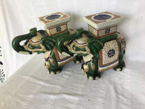 A Set Of Chinese Republican Period Shiwan Hand Crafted Pottery & Green Base Painted Elephant Stands