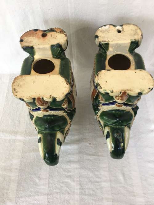 A Set Of Chinese Republican Period Shiwan Hand Crafted Pottery & Green Base Painted Elephant Stands