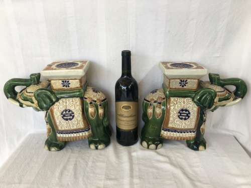 A Set Of Chinese Republican Period Shiwan Hand Crafted Pottery & Green Base Painted Elephant Stands