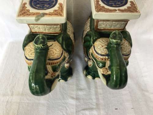 A Set Of Chinese Republican Period Shiwan Hand Crafted Pottery & Green Base Painted Elephant Stands