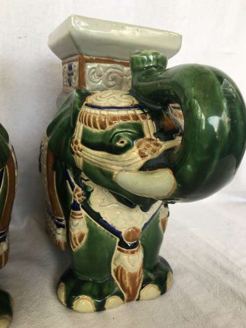 A Set Of Chinese Republican Period Shiwan Hand Crafted Pottery & Green Base Painted Elephant Stands