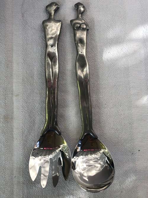 WOW !!! CARROL BOYES FUNCTIONAL ART !!! PAIR MAN/WOMAN PEWTER SALAD SERVERS -  VALUE R2400